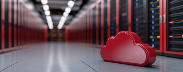 A red cloud symbol representing cloud computing technology in a modern data center filled with server racks.