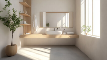 Wall Mural - A bright, modern bathroom with a sink, mirror, and a wooden shelf. The concrete floor is clean.