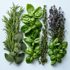 Wall Mural - A variety of fresh herbs arranged for culinary use.