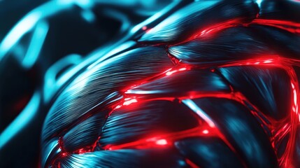 Aufkleber - A close-up of a futuristic, glowing surface with intricate patterns of red and blue light, creating an abstract, striking visual appeal.