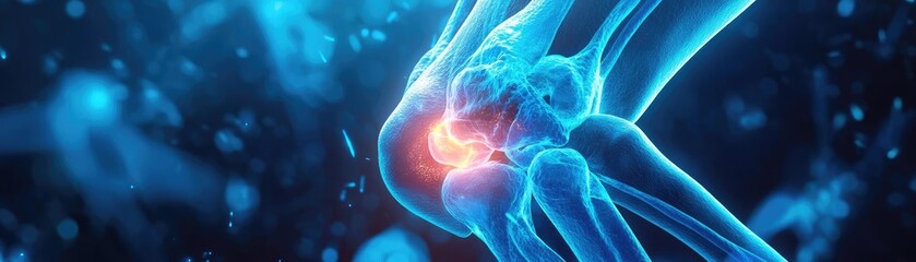 Poster - A vivid illustration of a knee joint highlighting inflammation and pain, showcasing advanced digital medical technology.