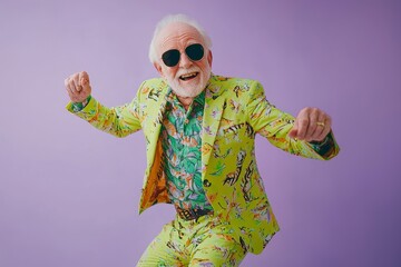 The body of a funny old man in a yellow suit, wearing a dance boa necklace, is presented fully isolated on a purple background.