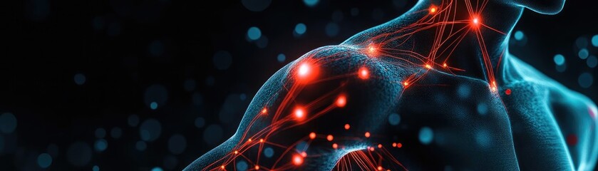 Aufkleber - A vivid representation of human anatomy showcasing neural connections and muscular structure illuminated by vibrant colors.