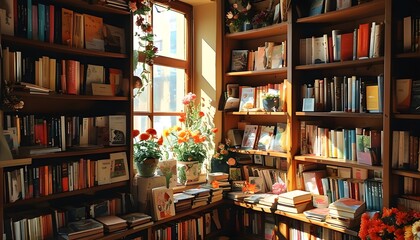 Warm and Inviting Bookshop Corner with Sunlit Shelves and Charming Floral Details