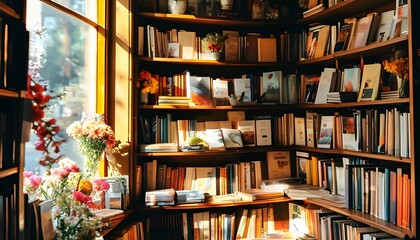 Warm and Inviting Bookshop Corner with Sunlit Shelves and Charming Floral Details