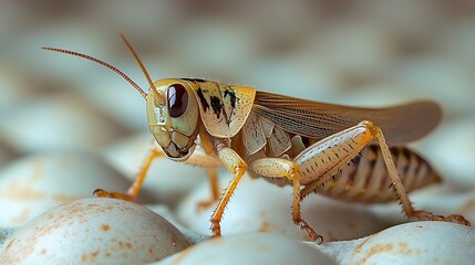 Wall Mural - A close-up of a grasshopper with brown and yellow markings, perched on a surface with white circles.