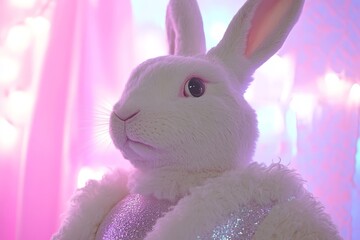 A captivating illustration of an elegant rabbit in a silver coat set against a dynamic purple and pink bokeh background