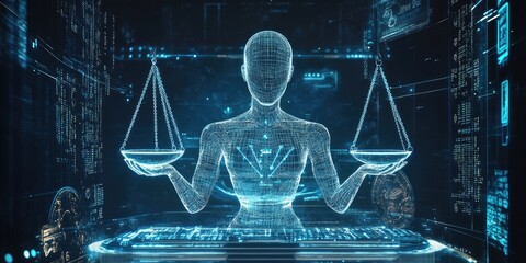 A digital courtroom where human judges consult with AI systems to make ethical decisions, with glowing scales of justice and holographic legal codes surrounding them.