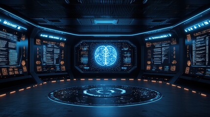 Futuristic Control Room with Brain Interface and Digital Screens