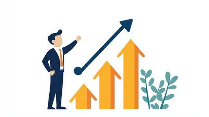 Businessman Celebrating Growth and Success with Upward Arrow Chart and Leaves