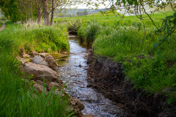 Small stream with small rocks in it green on the outside