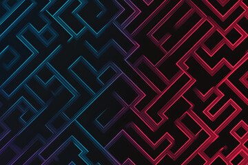 A vector graphic featuring an intricate maze pattern in vibrant neon shades of blue and dark blue on a black background. The angled design adds depth, creating a visually striking abstract composition