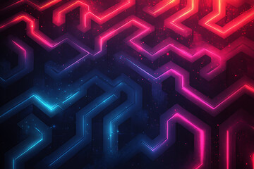 A vector graphic featuring an intricate maze pattern in vibrant neon shades of blue and dark blue on a black background. The angled design adds depth, creating a visually striking abstract composition