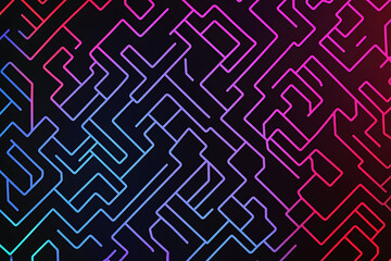 A vector graphic featuring an intricate maze pattern in vibrant neon shades of blue and dark blue on a black background. The angled design adds depth, creating a visually striking abstract composition