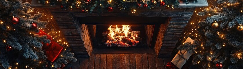 Aufkleber - A cozy Christmas fireplace decorated with lights, surrounded by festive trees and presents, creating a warm holiday atmosphere.