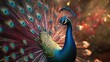 © Dreamer Studio - A lifelike 3D peacock, spreading its feathers in a dazzling display, with a soft pastel background on the right, symbolizing the beauty of zoo birds