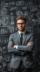 A confident man in a suit stands before a chalkboard filled with creative sketches and ideas.