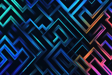 A vector graphic featuring an intricate maze pattern in vibrant neon shades of blue and dark blue on a black background. The angled design adds depth, creating a visually striking abstract composition