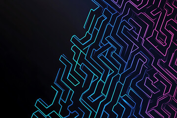 A vector graphic featuring an intricate maze pattern in vibrant neon shades of blue and dark blue on a black background. The angled design adds depth, creating a visually striking abstract composition