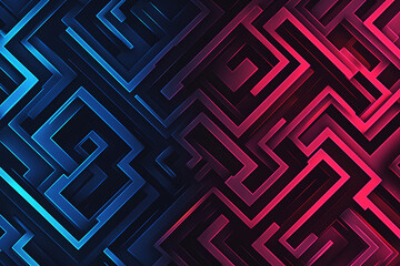 A vector graphic featuring an intricate maze pattern in vibrant neon shades of blue and dark blue on a black background. The angled design adds depth, creating a visually striking abstract composition