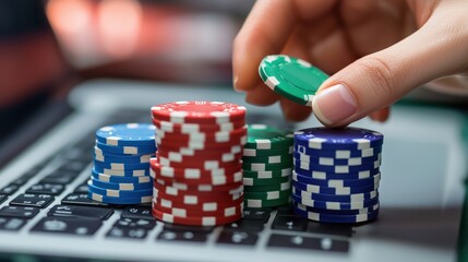 Wall Mural - Close-Up of Hand Stacking Poker Chips on Laptop Keyboard Representing Online Gambling and Casino Gaming