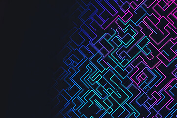 A vector graphic featuring an intricate maze pattern in vibrant neon shades of blue and dark blue on a black background. The angled design adds depth, creating a visually striking abstract composition