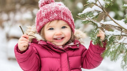 Poster - A little girl in a pink jacket holding a branch of a tree