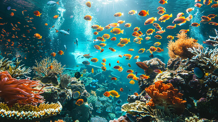 colorful marine fish in the underwater landscape of a coral reef in the tropical ocean