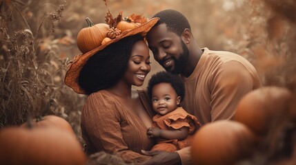 Canvas Print - A man and woman holding a baby in a field of pumpkins