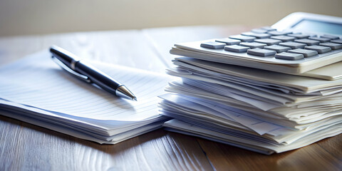 Closeup of a pile of receipts on a desk with a pen and calculator for accountancy work , tax, finance, accounting