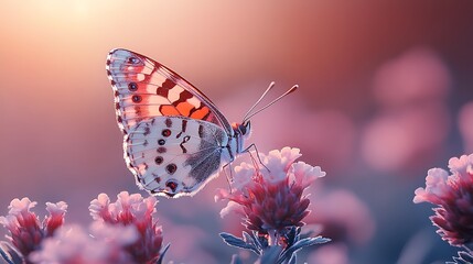 Wall Mural - A colorful butterfly perched on pink flowers in a field of wildflowers.