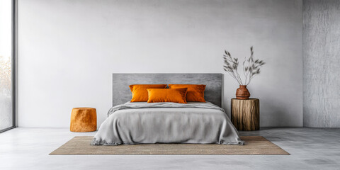 Modern bedroom with minimalist design featuring gray bedding and orange accents in a bright, airy space