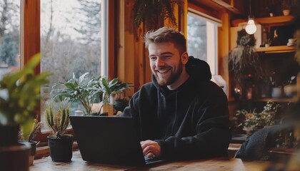 Poster - Smiling Young Man Working Remotely on Laptop in Cozy Cafe with Plants, Freelancer Lifestyle