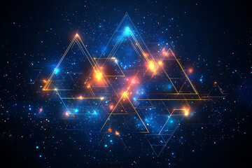 Wall Mural - A digital vector illustration featuring abstract triangles and rhombuses in blue and neon tones. The geometric tech design has a modern feel with digital lines on a dark blue background, leaving space