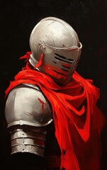 A striking armored knight wearing a metallic helmet and draped in a vibrant red scarf, symbolizing bravery and valor.