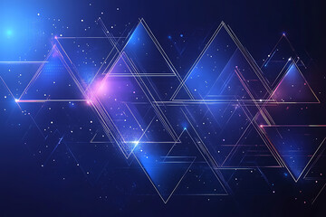 Wall Mural - A digital vector illustration featuring abstract triangles and rhombuses in blue and neon tones. The geometric tech design has a modern feel with digital lines on a dark blue background, leaving space