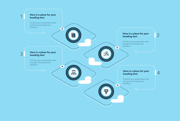 Aufkleber - Arrow infographic process template with four steps - blue version. Isometric diagram with numbers, icons and places for your texts.