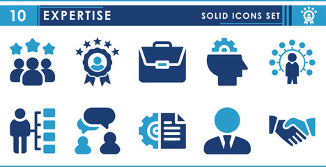 Leinwandbilder - A set of solid icons related to Expertise. Expert, experience, portfolio, handshake, skills, communication, and so on. Vector flat icons set.