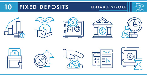 Poster - A set of line icons related to Fixed Deposit. Bank, fixed, saving, interest, investment, and so on. Vector editable stroke.