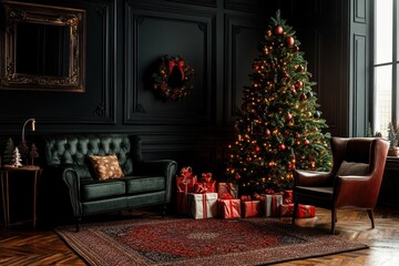 Sticker - Christmas tree with gifts in a luxury living room christmas furniture atmosphere.