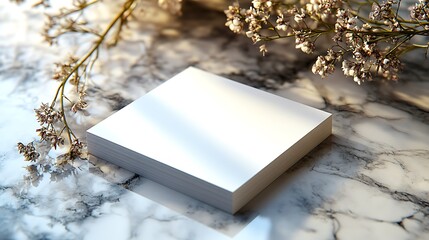 Canvas Print - Stack of blank white cards on marble surface with dried flowers in the background.