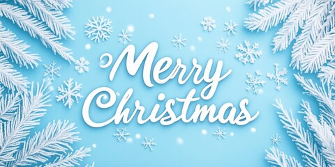 text Merry Christmas written in white calligraphy font on a light blue background with snowflakes and frosted plants