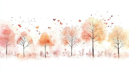 Sticker - Watercolor Autumn Trees Landscape with Butterflies