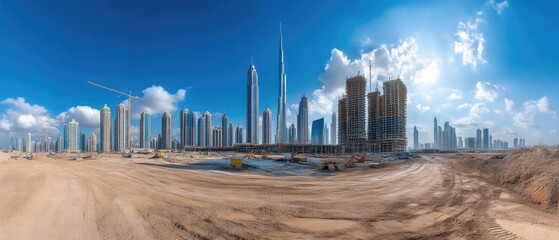 Expansive Urban Construction in Dubai Desert with Blue Sky