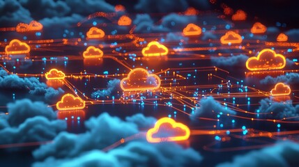 Wall Mural - Futuristic 3D Visualization of Cloud Computing with Interconnected Data Categories Represented by Clouds and Luminescent Lines