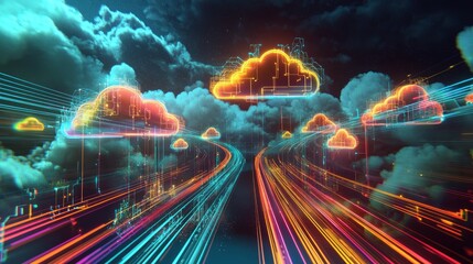 Poster - Digital Dreamscape: Surreal 3D Cloud Computing Landscape with Vibrant Light Trails