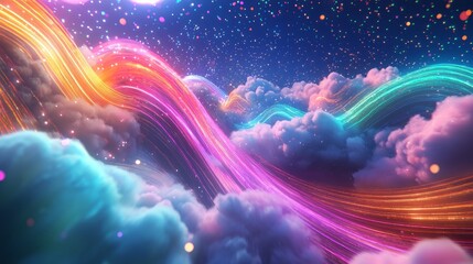 Wall Mural - Digitally Rendered Cloud Computing Environment with Colorful Data Streams