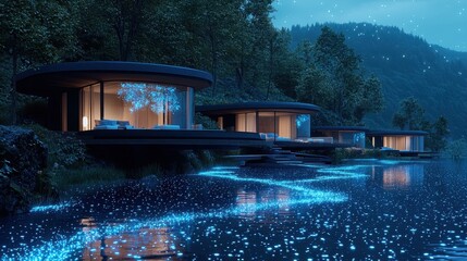 Modern Luxury Cabins with Bioluminescent Water at Night