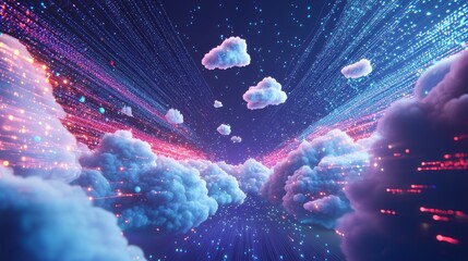 Wall Mural - Futuristic Cloud Computing: 3D Landscape with Interactive Clouds and Data Particles