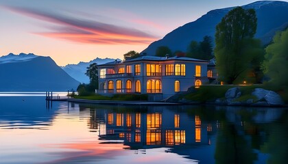 Serene Lakeside Villa at Dusk with Mountain Views and Illuminated Windows Reflecting on Tranquil Waters